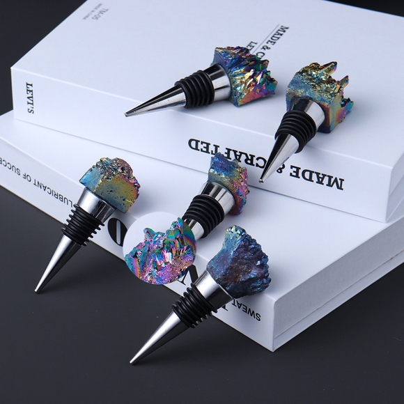 Boho Rainbow Aura Oil Slick Titanium Amethyst Quartz Crystal Wine Bottle Stopper - Picture 5 of 16